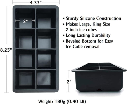 Froz Silicone Ice Cube Trays 2 Pack - Makes 8 Big 2 Inch Square Ice Cubes for Whiskey and Cocktails - Large King Size Mold for Freezer...