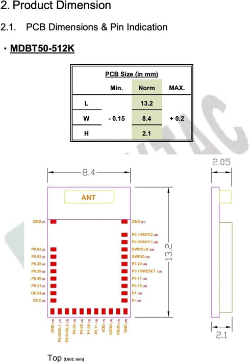 MDBT50-512K Nordic nRF52833 Module (18 GPIO) Chip Antenna Bluetooth Zigbee Thread Module BT5.2 FCC IC CE MIC Telec KC SRRC RCM NCC...