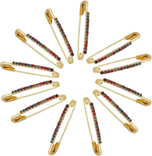 Colourful Saree/Safety Pins Brooch One Side of Safety Pin Decorated with Diamonds Set of 12,Decorative Safety Pins...