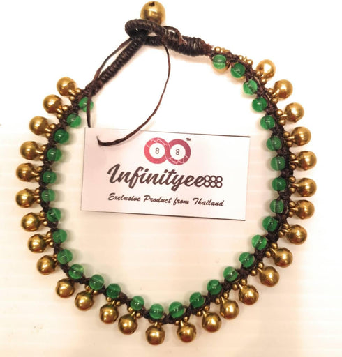 Infinityee888 Trendy Fashion Anklet Green Jade and Brass Bell Ankle Bracelet 10 Inches Woven with Wax Cord Beautiful Handmade Hippie Bohemian Styl...