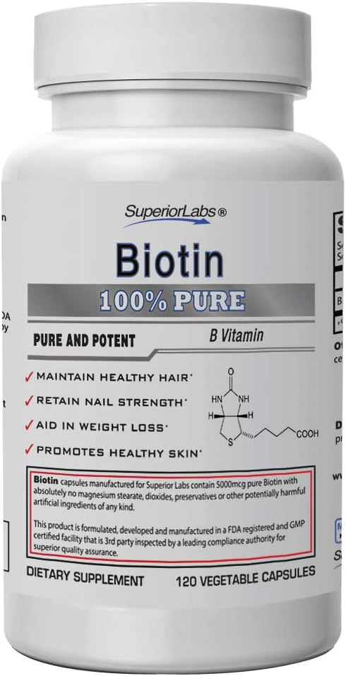 Superior Labs – Best Natural Biotin NonGMO Supplement – for Luscious Longer Hair and Lashes – Stronger Nails – Healthy Skin – Energy Booster – Hea...