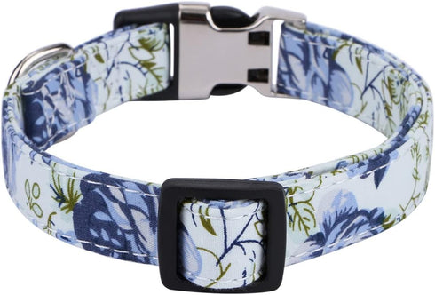 Girl Dog Collar for Small Medium Large Dogs, Cotton Pet Collar, Flowers Daisy and Rose Patterns with Quick-Release Buckle (Rose Blue, M)...