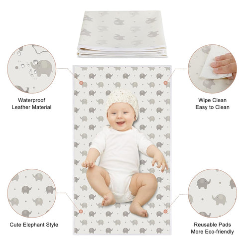 Vegan Leather Baby Changing Mat - Wipeable Portable Changing Pad 2 Pack, Foldable Travel Changing Mat for Baby, Newborns (Rainbow&Elephant,15.75"*...