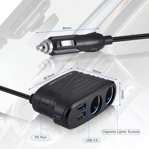 Quick Charge 3.0 Cigarette Lighter Splitter, 2-Socket Car Charger with 27 Inches Extension Cable, 120W 12V/24V Car Charge Splitter with PD 20W Typ...