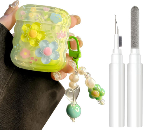 for AirPods Case with Cleaner Kit Cute 3D Curly Wave Frame Flowers Design Preppy Fashion with Keychain, Soft TPU Protective AirPods 2nd & 1st Gene...