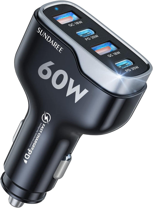 SUNDAREE Super Fast Car Charger, 60W USB Car Charger Multiport, USB C Cigarette Charger Compatible with iPhone 15 Pro Max Plus/14/13/12/11/X iPad ...