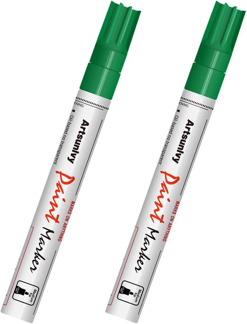 Green Paint Pens Permanent Markers - 2 Pack Paint Markers for Metal, Rubber,Wood, Rocks, Canvas, Plastic, Dark Surface, Craft Art Supplies, Medium...