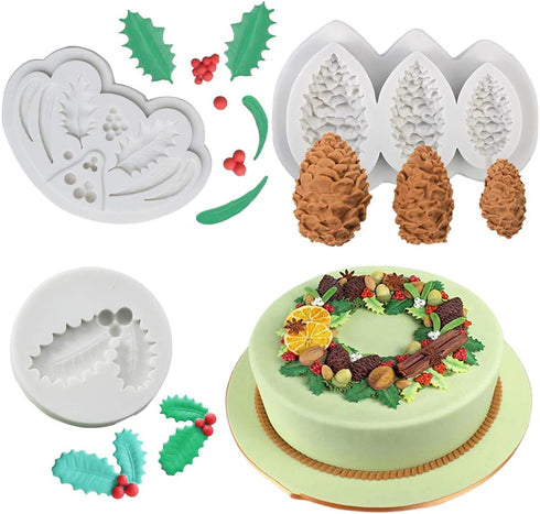 3Pcs/Set Christmas Holly Leaf & Pinecone Fondant Mold, Christmas Holly Berry Mistletoe Pine Cone Silicone Cake Cupcake Decorating Mold, Chocolate ...