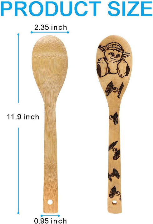 Star War Burned Wooden Spoons Utensil Set Gift Idea Cooking Serving Utensils Natural Bamboo Kitchen House Warming Presents Slotted Spoon 5 Piece...