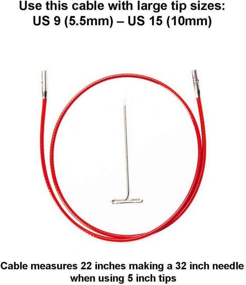 ChiaoGoo Twist Red Lace Cable Large 22-Inch (55cm) Fits US 9, 10, 10.5, 11, 13, 15 Interchangeable Knitting Needle Tips, Includes Tightening Key, ...