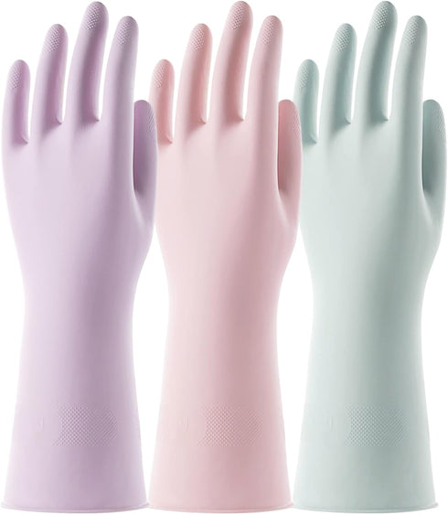 COOLJOB 3 Pairs Reusable Rubber Gloves for Dishwashing Cleaning Bleaching, Grippy Latex Dish Washing Gloves with Flocked Cotton Liner, Water Resis...