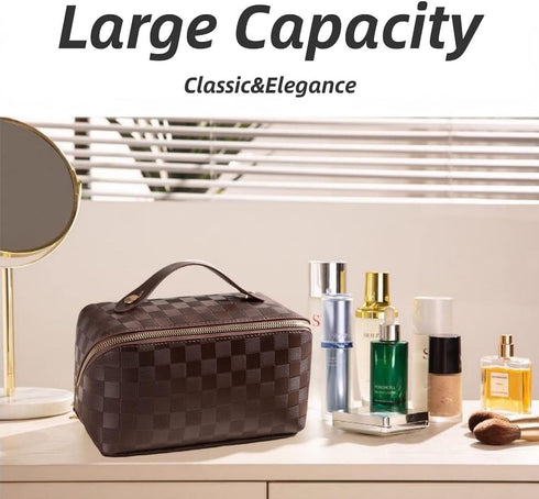 Large Capacity Checkered Makeup Bags Portable Travel Cosmetic Bags Open-Flat Toiletry Waterproof Bag for Women Gift Make up Organizer with Divider...