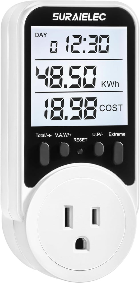 Suraielec Watt Meter, Plug-in Socket Power Meter, 90V-250V Wide Range, Backlit Large Display, Auto Cost Calculator, Overload Protection, Kilowatt ...