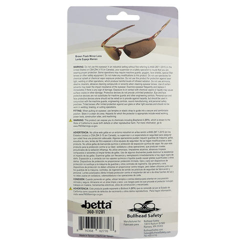 Bullhead Safety Betta Safety Glasses with UV Light Protection, Blue Light Glasses with Anti-Scratch Coating, Ballistic Rated, Brown Flash Mirror L...