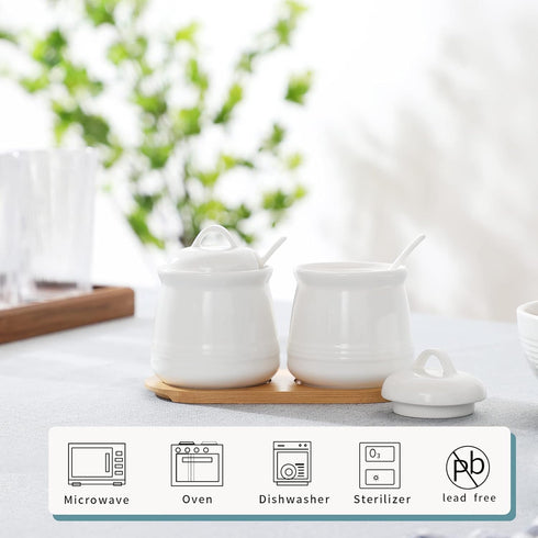 HAOTOP Ceramic Sugar Bowl 2 Pack, PorcelainJar with Tray, Spoon and Lid for Sugar, Pepper, Coffee, Spice, Salt, 12 Ounces (White)...