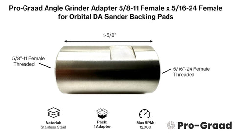 54040 Stainless Steel Angle Grinder Adapter 5/8-11 Female x 5/16-24 Female, Arbor Adapter compatible for use with 5/16”-24 Threaded DA Backer Pads...