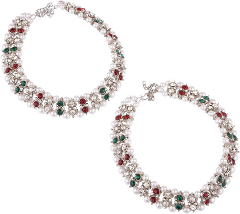 Efulgenz Indian Silver Anklets Bollywood Crystal Faux Kundan Pearl Ghungroo Anklets Wedding Bridal Anklet Pair Payal Bracelet Jewelry Indian Jewel...