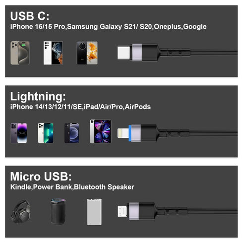 Multi Charging Cable, 3IN1 USB A to Lightning/USB C/Micro USB Coiled Stretch Charging Cords 5FT-6.6FT with Carplay, for iPhone 15/14/13/12/11 Pro ...