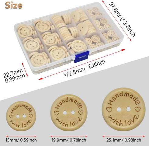 150PCs Craft Sewing Button 2 Holes Handmade with Love Round Wooden Buttons for Scrapbooking and Sewing DIY Craft (15mm/ 20mm/ 25mm)...