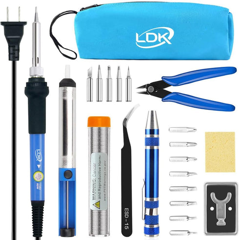 LDK Electric Soldering Iron Kit 60W Adjustable Temperature Welding Tools with 5pcs Different Tips, Desoldering Pump, Solder Wire, 8-in-1 Screwdriv...