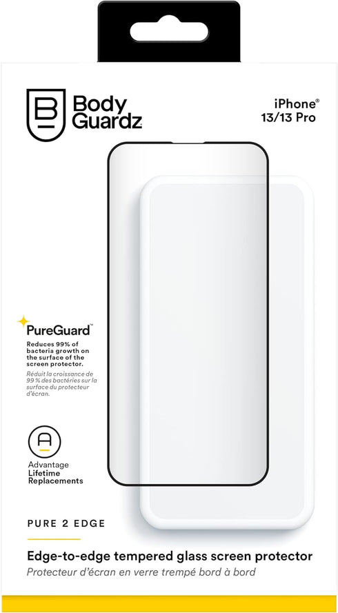 BodyGuardz Pure 2 Edge Screen Protector for iPhone 13 Pro and iPhone 13, Maximum Strength Tempered Glass with Edge to Edge Coverage, Easy Installa...