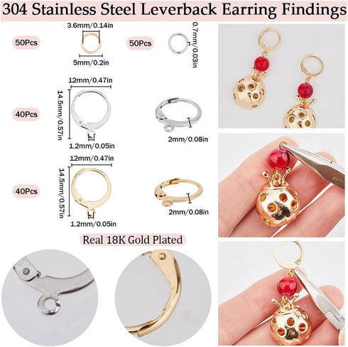 SUNNYCLUE 1 Box 180Pcs Real 18K Gold Plated Stainless Steel Earring Findings 80Pcs Round Leverback Earring Hooks Huggie Earring Wires 100Pcs Open ...