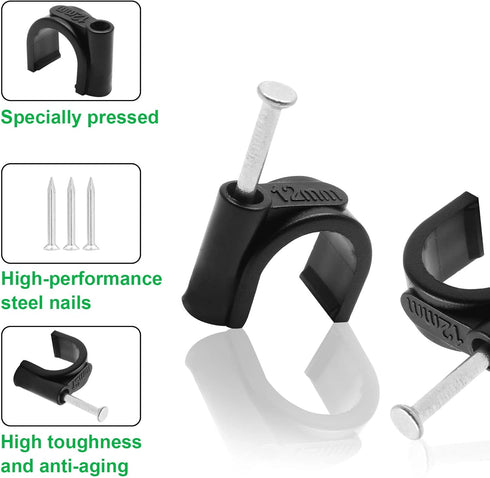 100pcs 1/2" / 12mm Half Clamp J-Hook with Nail, Nail in Cable Clips Ethernet Cable Nails Tacks Clips, Black...