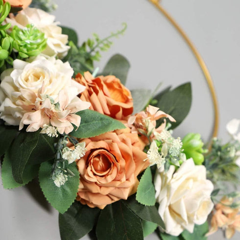 Floral Hoop Wreath Iron Artificial Rose Flower Wreath Artificial Flower Round Frame Garland for Front Door Wedding Party Nursery Decor - Orange...