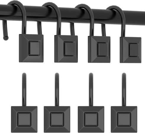 GILLAS Shower Curtain Decorative Hooks, Set of 12 Shower Curtain Rod Rings for Bathroom Rust Resistant Square, Black...