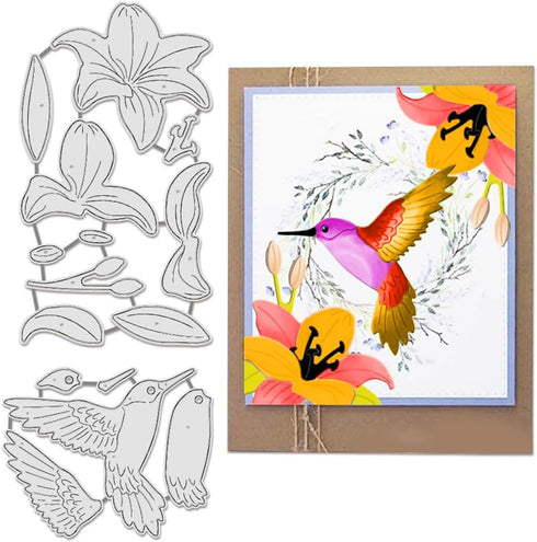 BENECREAT 2pcs Bird Flower Metal Die Cuts, Hummingbird Lily Leaves Cutting Dies Cut Stencils Embossing Stencils Template for Paper Card Making Dec...