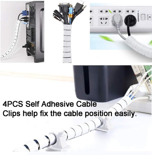 White PC Cable Management Sleeve Value Pack, Large 1.1" Pet Cord Protector and 0.87" Cord Organizer Bundler with Cable Tie Clips for Computer TV H...