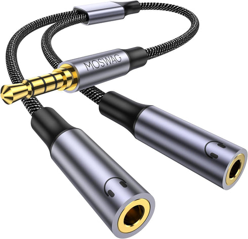 MOSWAG Headphone Mic Splitter 3.5mm Headset Y Adapter 2 Female to 1 Male 3.5mm Jack Cable, Mic Audio Splitter, Headset Splitter Cable with Separat...