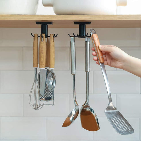 2PCS Under Cabinet Hooks, 360 °Rotation Kitchen Hooks for Utensils,storage shelf rv must haves,Nail Free Adhesive Kitchen Utensils Hanging Hooks f...