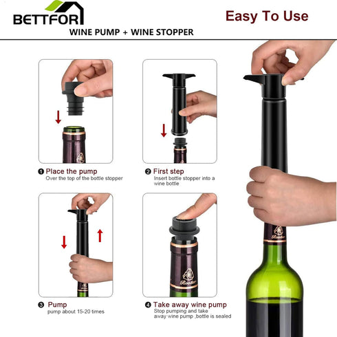 Wine Saver Pump with 4 Vacuum Wine Stoppers, Wine Bottle Stoppers with Food Grade Silicone Leak proof Keep Fresh Suitable for All Standard Wine Bo...
