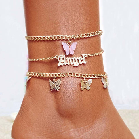 Blistar 3PCS Boho Layered Butterfly Tassel Anklets Gold Angel Ankle Bracelet Charm Bohemia Dainty Pendant Foot Jewelry Chain for Women...