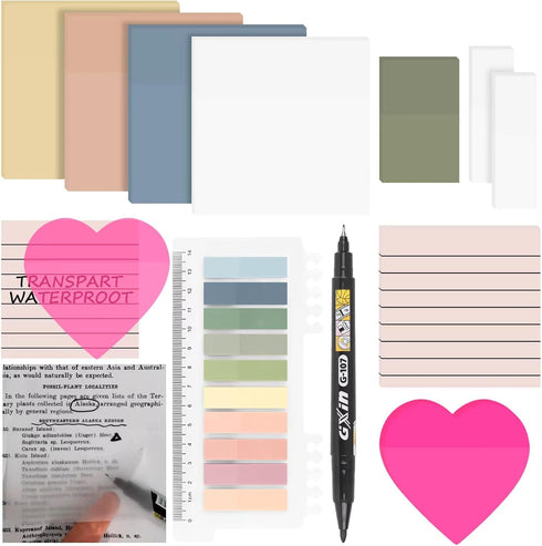 11 Pack Transparent Sticky Notes with Marker, 2 X Sticking Power Clear Sticky Notes 3x3, Translucent School Office Supplies for Book Notes Highlig...