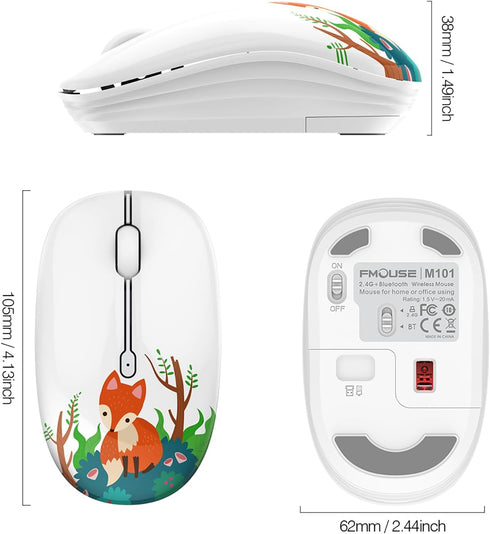 Cute Wireless Mouse, Bluetooth Mouse Dual Mode with 2.4GHz USB Receiver for Laptop, iPad, MacBook, AA Battery Silent Cartoon Fox Cordless Mice for...