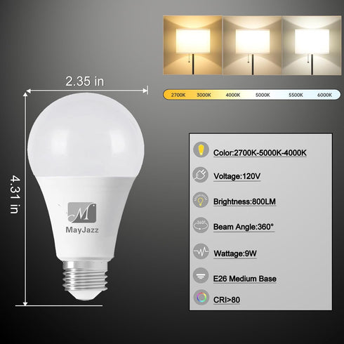 3 Color Temperature LED Light Bulb A19 3CCT Color Changing Bulbs,Energy Saving 9W(60W Equivalent) LED Bulb,Soft White-Daylight-Natural White,810LM...