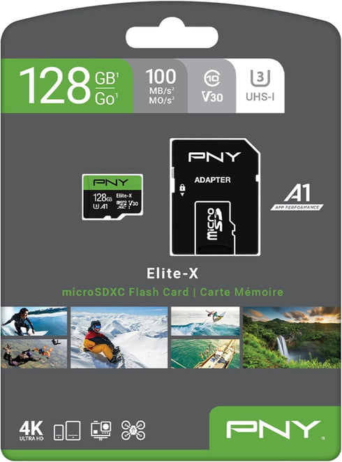 PNY 128GB Elite-X Class 10 U3 V30 microSDXC Flash Memory Card - 100MB/s, Class 10, U3, V30, A1, 4K UHD, Full HD, UHS-I, microSD...