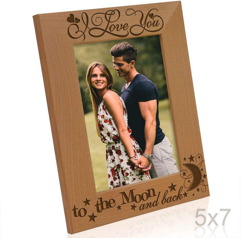 KATE POSH I Love You to The Moon and Back Engraved Natural Wood Picture Frame, Couples in Love Gifts, Valentine's Day, Engagement, Wedding (5x7-Ve...