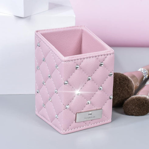 LORYP Makeup Brush Holder Crystal Brushes Cup Pink PU Make up Brush Case Bag Storage for Women...