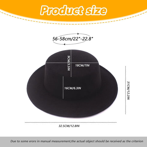 1PCS Black Classic Flat Top Blend Fedora Hat Brim Church Derby Cap for Unisex Men Women Head Circumference 22-22.8in...