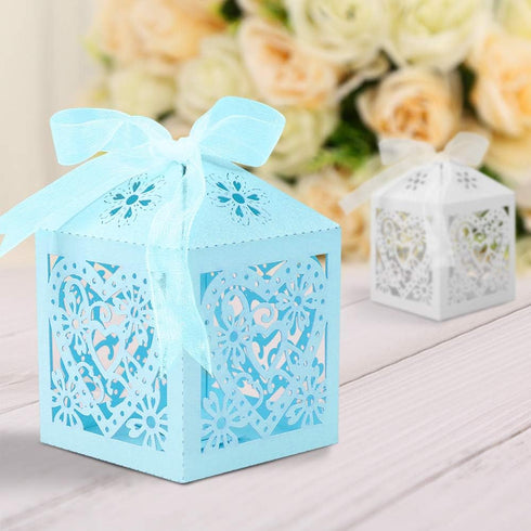 Lucky Monet 25/50/100PCS Love Heart Laser Cut Wedding Candy Gift Box Chocolate Box for Wedding Favor Birthday Party Bridal Shower with Ribbon (50p...