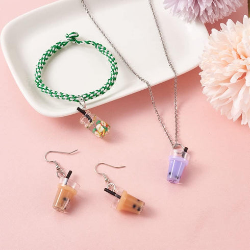 Cheriswelry 100pcs Glass Bottle Pendants Resin Fruit Juice Charms Colourful Drink Cup Milk Tea Dangle Pendants with Loop Hang Ornament Decoration ...
