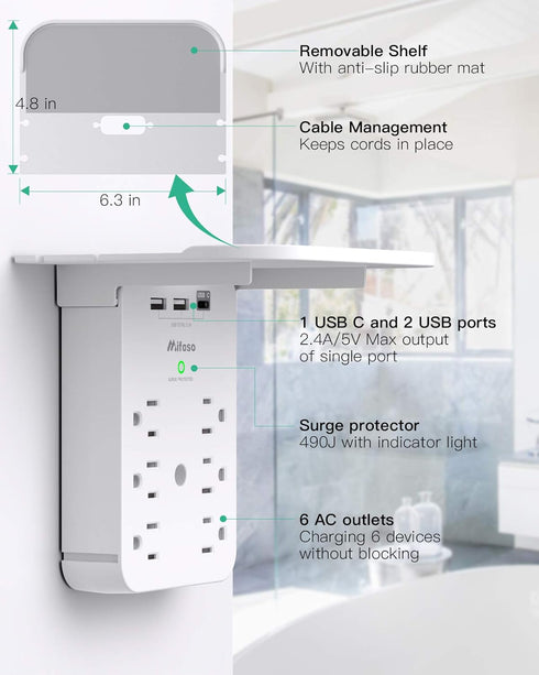 Wall Outlet Extender with Surge Protector, 6 AC Outlets, Shelf, 2 USB & USB C Charging Ports - Home & Dorm Plug Expander...