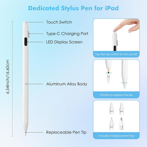 MoKo Stylus Pen for iPad 2018-2024, USB-C Pencil for Apple iPad with LED Power Display, iPad 10th Gen Pencil Compatible with iPad Pro 12.9/11", iP...