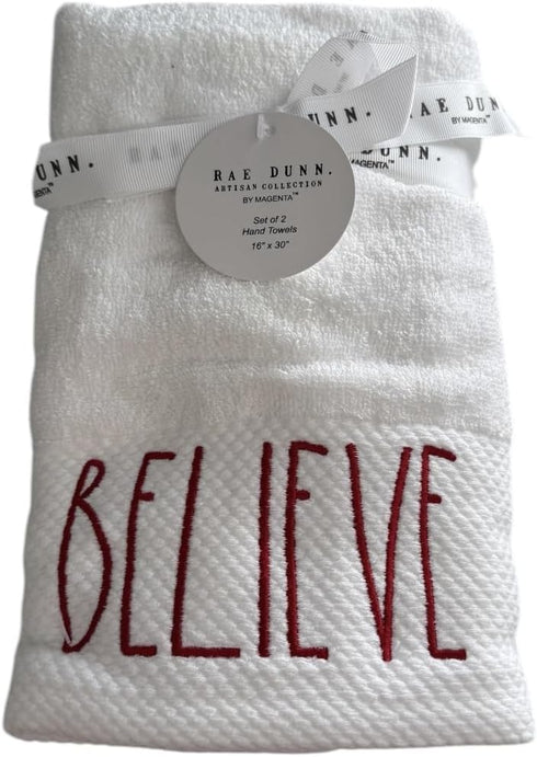 Rae Dunn by Magenta Hand Towel White Towel with Red Lettering Believe...