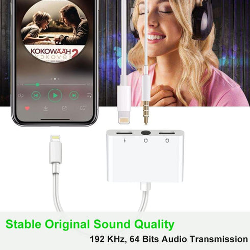 3 in 1 Headphone Adapter for iPhone, Lightning to 3.5 mm Headphone Jack Adapter, Lightning Audio & Charging Adapter Dongle Cable Splitter Compatib...