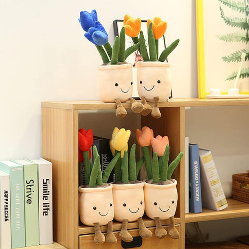WUZHOU Tulip Plush Toy, 13.7" Flower Pot Stuffed Plushie Pillow Decoration, Soft Fluffy Toy Succulent Plants Friend Throw Pillow, Multicolor (Blue...