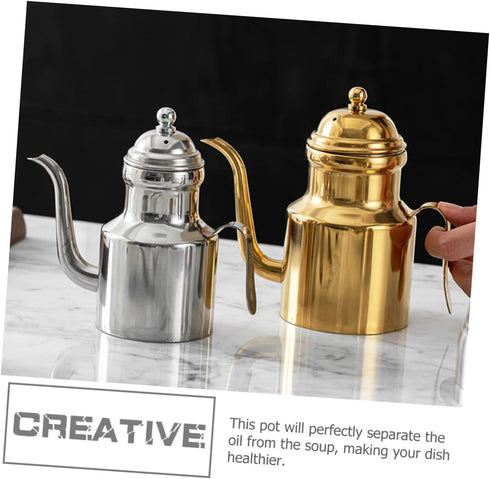 Stainless Steel Oil Pot Syrup Dispenser Tea Kettles Metal Oil Kettle Sauce Oil Mesh Strainer Pouring Kettle Grease Can Frying Oil Filter Soy Olive...